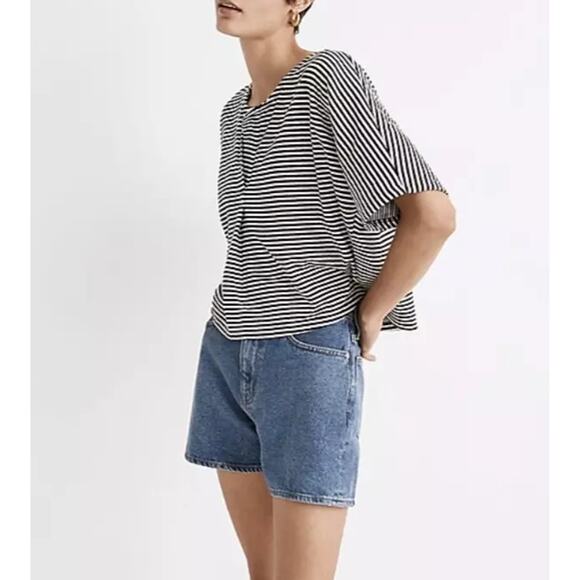 Madewell Crop Top WMNS S Double-Faced Henley Tee Stripe Black White Short Sleeve - Picture 2 of 9